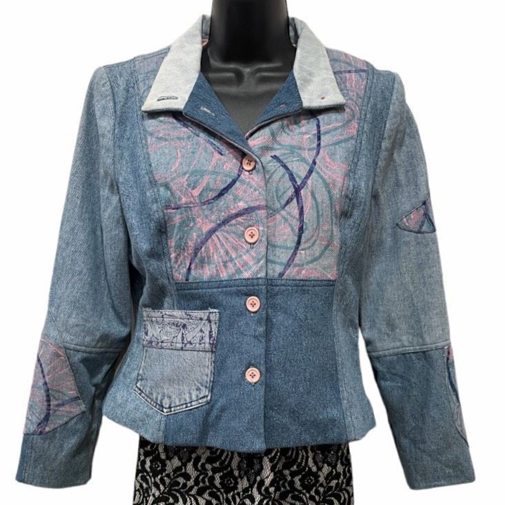 VINTAGE Original Hand Painted Upcycled Denim Patchwork Blazer Jacket Size Small - Picture 5 of 16